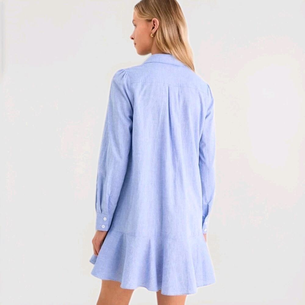 Tuckernuck Callahan Shirt Dress S Blue Cotton Ruffle Hem Pockets Coastal Resort - Picture 2 of 11